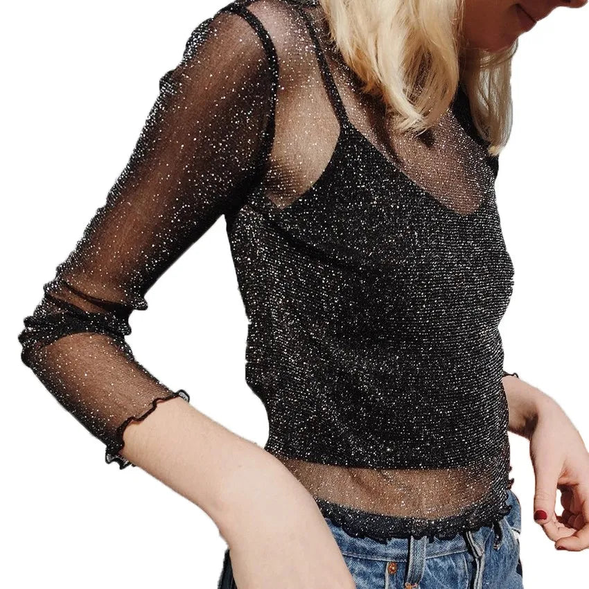 GlamShine: T-Shirt Transparente Brilhante Feminina