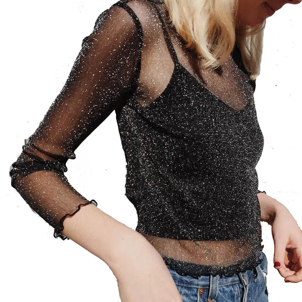 GlamShine: T-Shirt Transparente Brilhante Feminina